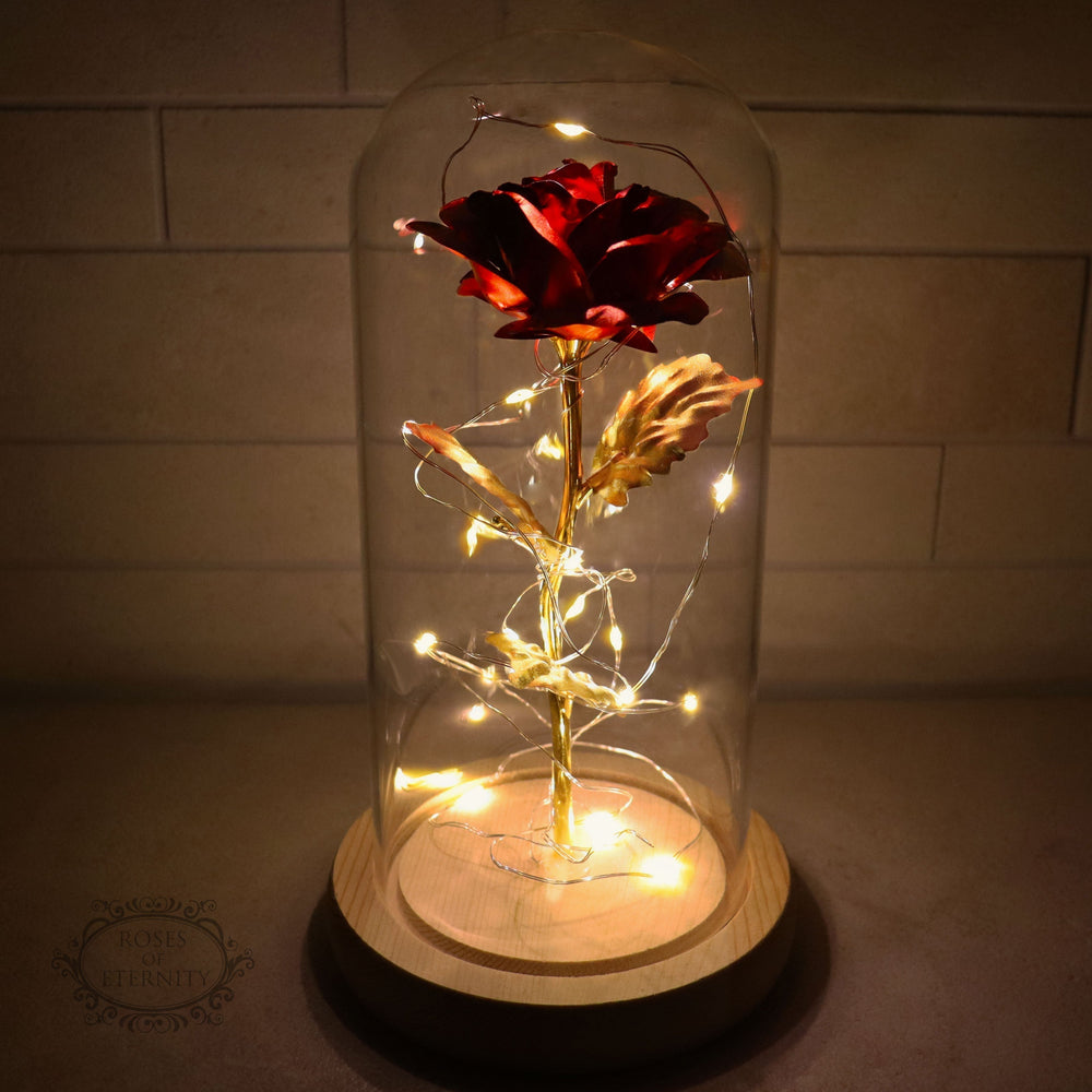 Eeuwige Roos in Glaskap met LED | Gouden Kunstbloem Decoratie
