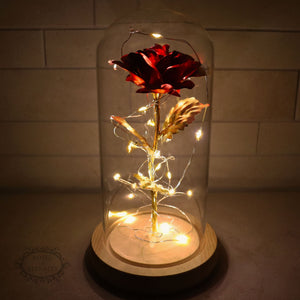 Eeuwige Roos in Glaskap met LED | Gouden Kunstbloem Decoratie