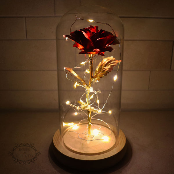 Eeuwige Roos in Glaskap met LED | Gouden Kunstbloem Decoratie
