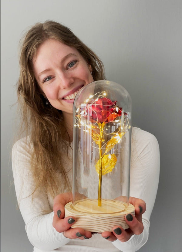 Eeuwige Roos in Glaskap met LED | Gouden Kunstbloem Decoratie
