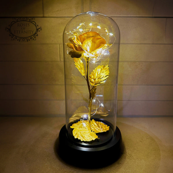 Eeuwige Roos in Glaskap met LED | Gouden Kunstbloem Decoratie