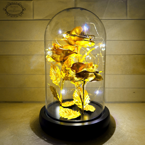 Eeuwige Roos in Glaskap met LED | Gouden Kunstbloem Decoratie