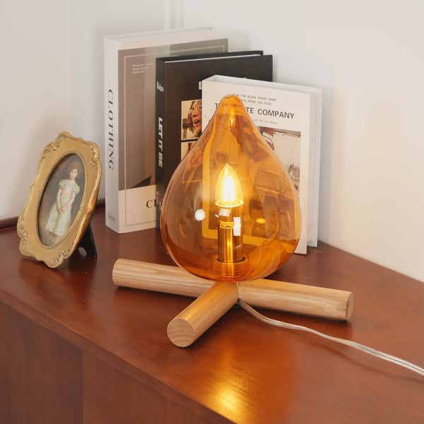 Retro Vlam Stijl Tafellamp – Gezellige Sfeerverlichting met Glazen Kap & Houten Voet