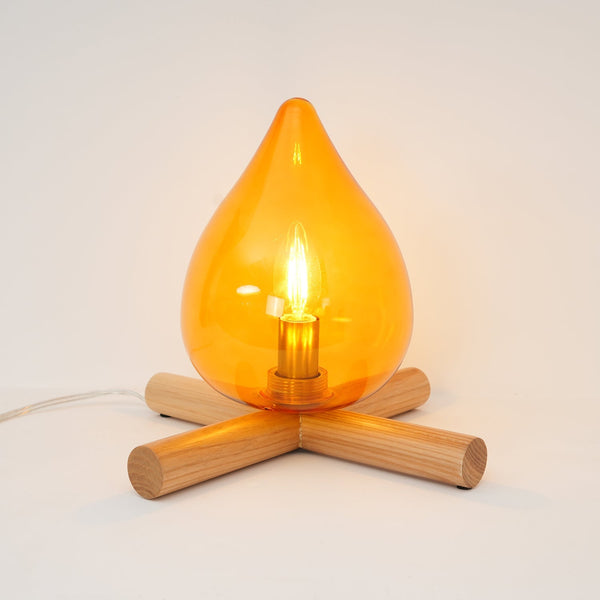 Retro Vlam Stijl Tafellamp – Gezellige Sfeerverlichting met Glazen Kap & Houten Voet