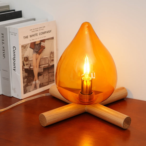 Retro Vlam Stijl Tafellamp – Gezellige Sfeerverlichting met Glazen Kap & Houten Voet