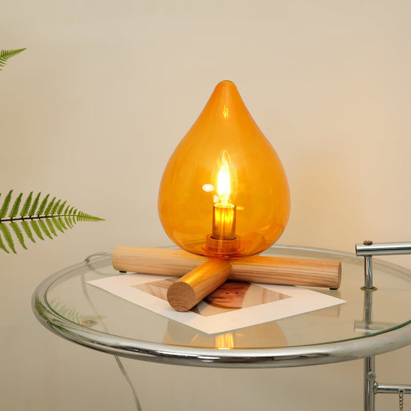 Retro Vlam Stijl Tafellamp – Gezellige Sfeerverlichting met Glazen Kap & Houten Voet