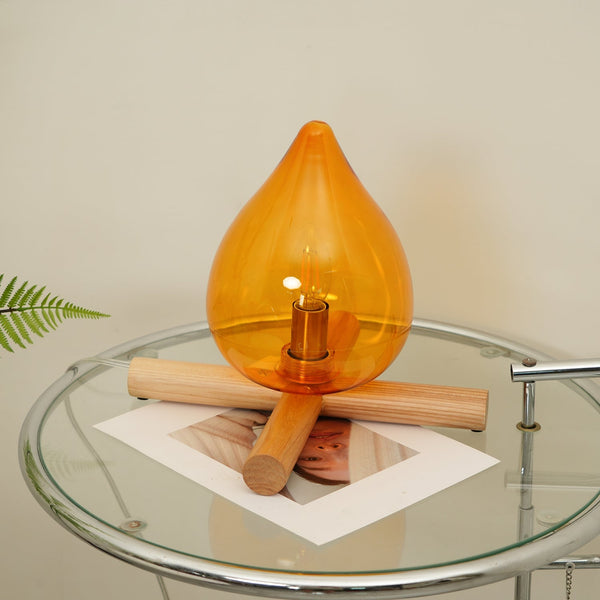 Retro Vlam Stijl Tafellamp – Gezellige Sfeerverlichting met Glazen Kap & Houten Voet