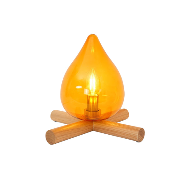 Retro Vlam Stijl Tafellamp – Gezellige Sfeerverlichting met Glazen Kap & Houten Voet