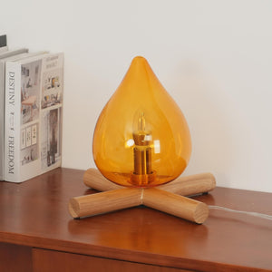 Retro Vlam Stijl Tafellamp – Gezellige Sfeerverlichting met Glazen Kap & Houten Voet