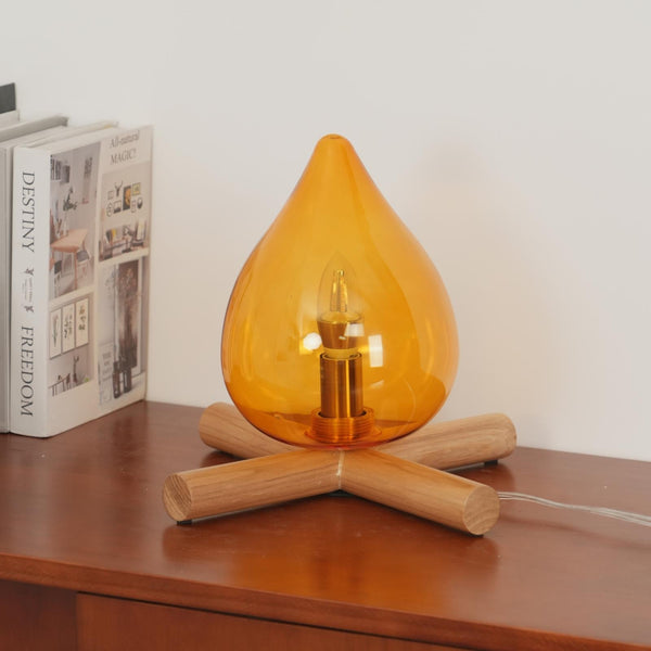 Retro Vlam Stijl Tafellamp – Gezellige Sfeerverlichting met Glazen Kap & Houten Voet