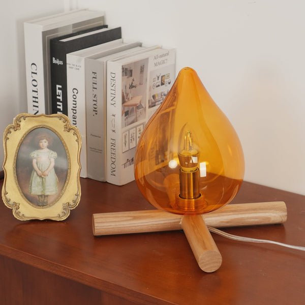 Retro Vlam Stijl Tafellamp – Gezellige Sfeerverlichting met Glazen Kap & Houten Voet