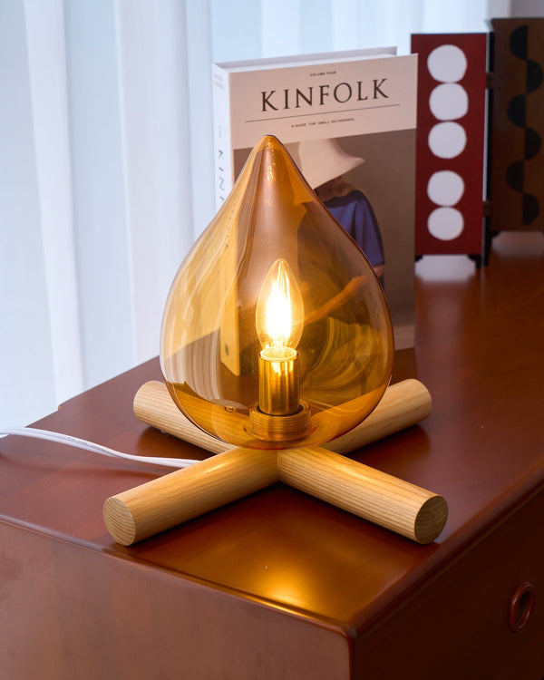Retro Vlam Stijl Tafellamp – Gezellige Sfeerverlichting met Glazen Kap & Houten Voet