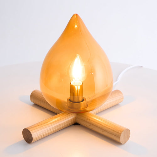 Retro Vlam Stijl Tafellamp – Gezellige Sfeerverlichting met Glazen Kap & Houten Voet