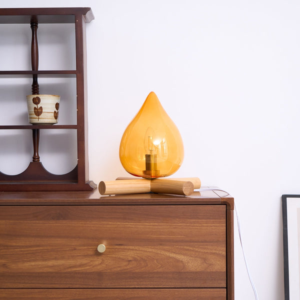 Retro Vlam Stijl Tafellamp – Gezellige Sfeerverlichting met Glazen Kap & Houten Voet