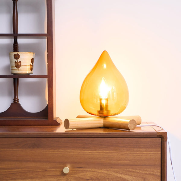 Retro Vlam Stijl Tafellamp – Gezellige Sfeerverlichting met Glazen Kap & Houten Voet