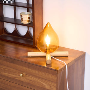 Retro Vlam Stijl Tafellamp – Gezellige Sfeerverlichting met Glazen Kap & Houten Voet