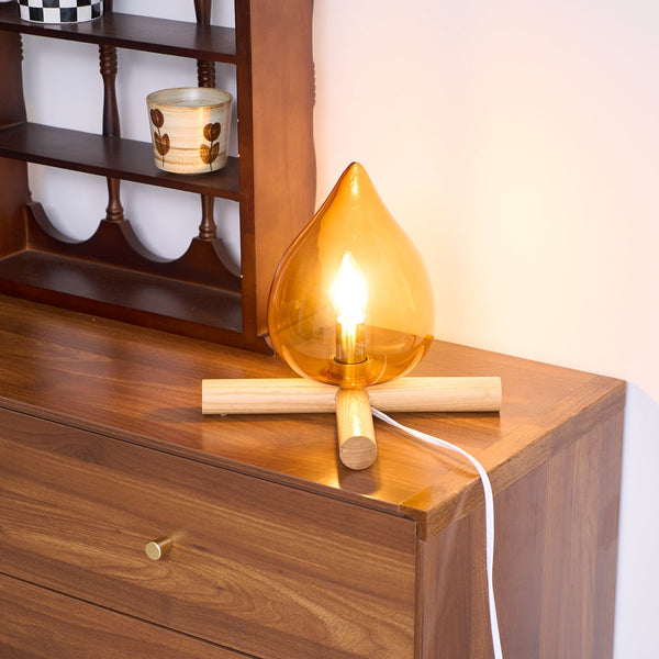 Retro Vlam Stijl Tafellamp – Gezellige Sfeerverlichting met Glazen Kap & Houten Voet