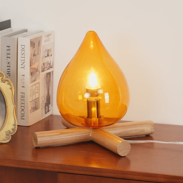 Retro Vlam Stijl Tafellamp – Gezellige Sfeerverlichting met Glazen Kap & Houten Voet