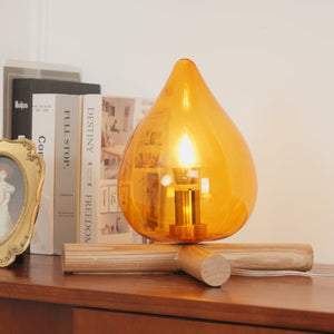 Retro Vlam Stijl Tafellamp – Gezellige Sfeerverlichting met Glazen Kap & Houten Voet