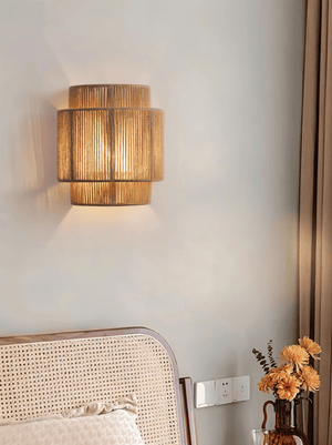 Boho Wandlamp van Henneptouw met Rotan Kap – Natuurlijke Wandverlichting
