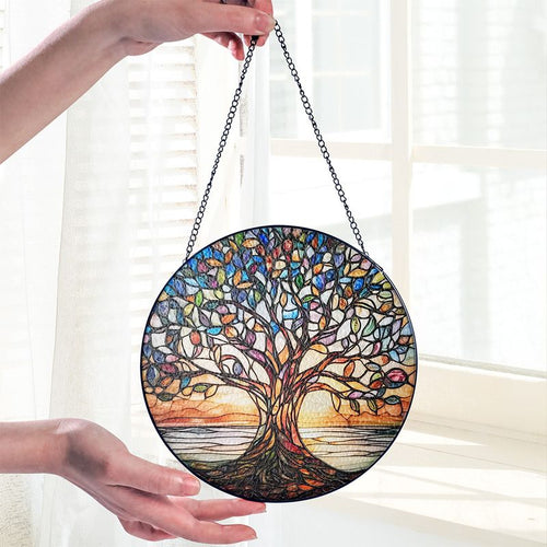 Handgemaakte Glas inLood Boom des Levens Zonvanger  Kleurrijke Raamdecoratie voor Huis & Tuin
