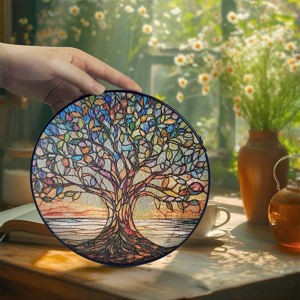 Handgemaakte Glas inLood Boom des Levens Zonvanger  Kleurrijke Raamdecoratie voor Huis & Tuin
