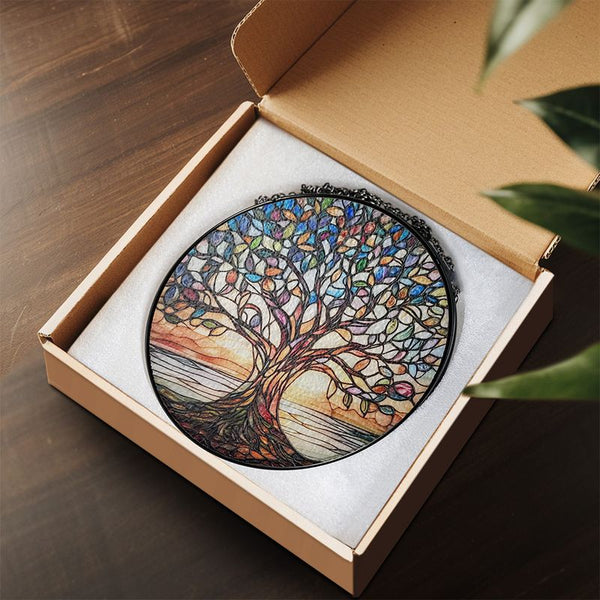 Handgemaakte Glas inLood Boom des Levens Zonvanger  Kleurrijke Raamdecoratie voor Huis & Tuin