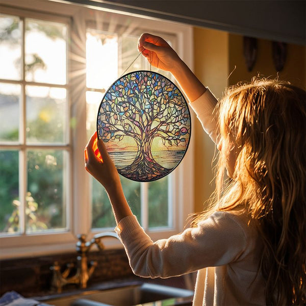 Handgemaakte Glas inLood Boom des Levens Zonvanger  Kleurrijke Raamdecoratie voor Huis & Tuin