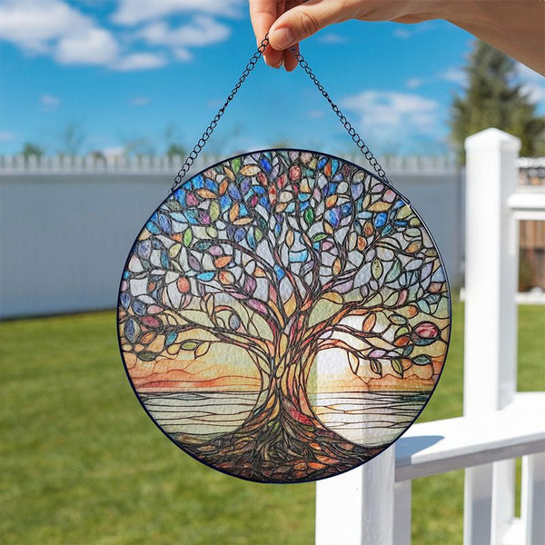 Handgemaakte Glas inLood Boom des Levens Zonvanger  Kleurrijke Raamdecoratie voor Huis & Tuin