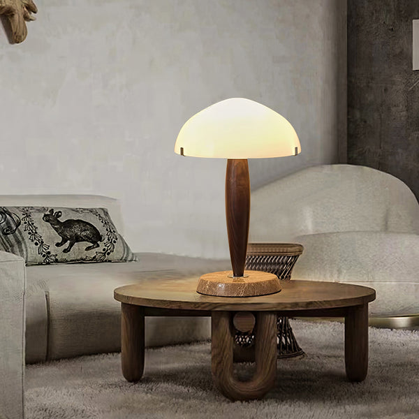 Elegante Tafellamp van Glas en Walnoot met Marmeren Accenten – Moderne Interieurverlichting