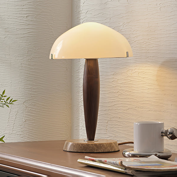 Elegante Tafellamp van Glas en Walnoot met Marmeren Accenten – Moderne Interieurverlichting
