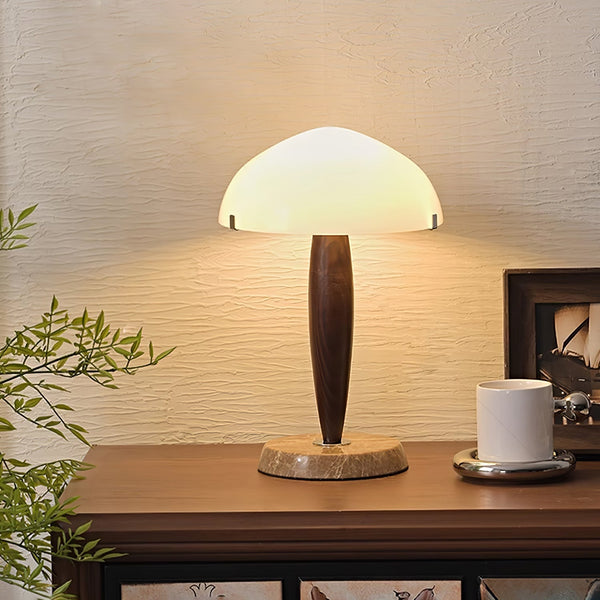 Elegante Tafellamp van Glas en Walnoot met Marmeren Accenten – Moderne Interieurverlichting