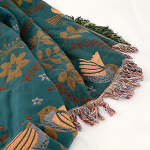 Omkeerbare Katoenen Deken – Groen met Vogel & Bloemenmotief – 150x200 cm / 200x230 cm