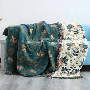 Omkeerbare Katoenen Deken – Groen met Vogel & Bloemenmotief – 150x200 cm / 200x230 cm