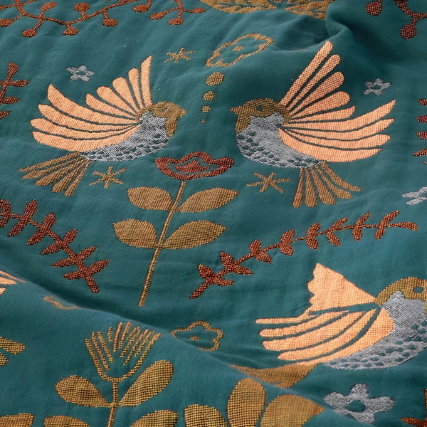 Omkeerbare Katoenen Deken – Groen met Vogel & Bloemenmotief – 150x200 cm / 200x230 cm