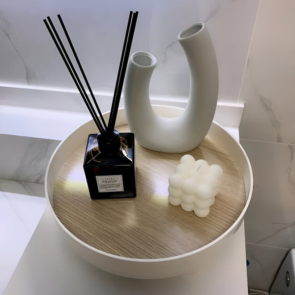 Elegant Rond Serveerblad van Keramiek en Hout – Stijlvolle Woondecoratie & Praktisch Tafelmateriaal