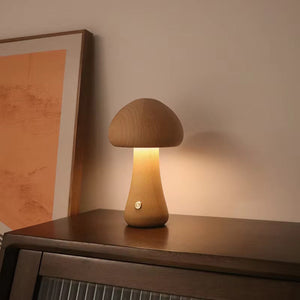 Paddenstoel Houten Tafellamp – Natuurlijk Design van Walnoot of Beuken