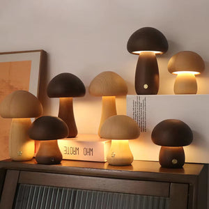 Paddenstoel Houten Tafellamp – Natuurlijk Design van Walnoot of Beuken