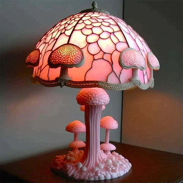 Betoverende Tafellamp Paddenstoel met Glas-in-Lood – Warme Sfeerverlichting voor Slaapkamer & Woonkamer
