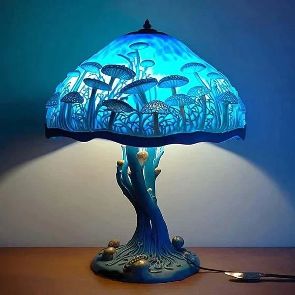 Betoverende Tafellamp Paddenstoel met Glas-in-Lood – Warme Sfeerverlichting voor Slaapkamer & Woonkamer