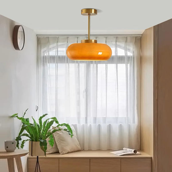 Plafondlamp met Warm Amberglas – Ronde Elegante Woonverlichting