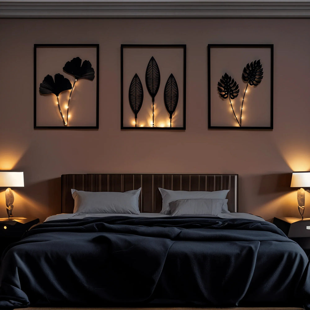 Metalen Wanddecoratie met LED – Set van 3 Bladeren Lijsten (40x30 cm)
