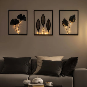 Metalen Wanddecoratie met LED – Set van 3 Bladeren Lijsten (40x30 cm)