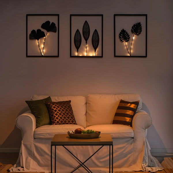 Metalen Wanddecoratie met LED – Set van 3 Bladeren Lijsten (40x30 cm)