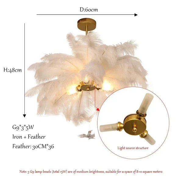 Featherelle Luxe Struisvogelveren Hanglamp – Witte LED Kroonluchter voor Woonkamer & Eetkamer