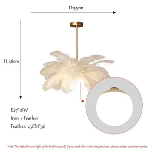 Featherelle Luxe Struisvogelveren Hanglamp – Witte LED Kroonluchter voor Woonkamer & Eetkamer