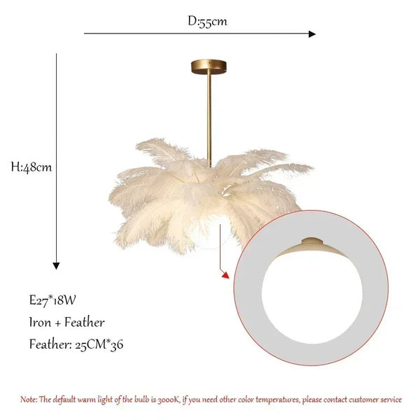 Featherelle Luxe Struisvogelveren Hanglamp – Witte LED Kroonluchter voor Woonkamer & Eetkamer