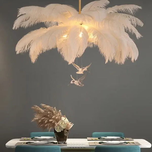 Featherelle Luxe Struisvogelveren Hanglamp – Witte LED Kroonluchter voor Woonkamer & Eetkamer