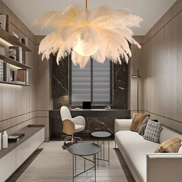 Featherelle Luxe Struisvogelveren Hanglamp – Witte LED Kroonluchter voor Woonkamer & Eetkamer