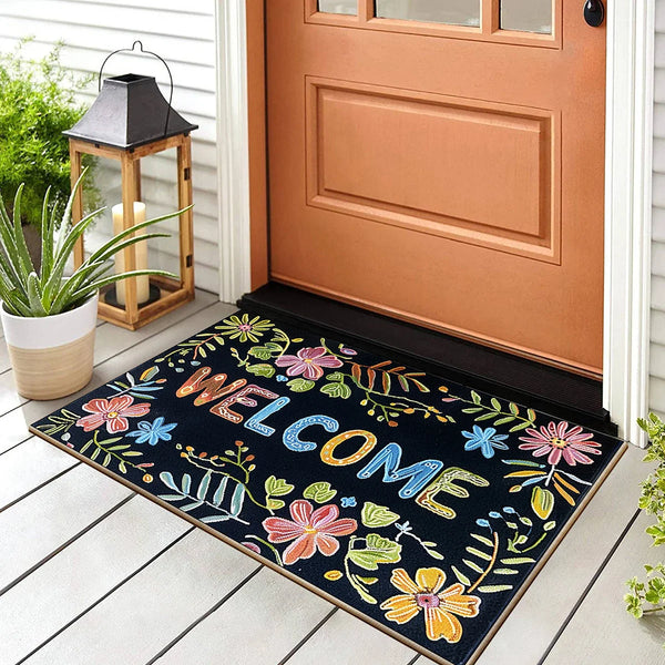 Welkom Deurmat met Bloemen – Antislip Mat voor Binnen & Buiten | 40x60, 50x80, 60x90 cm